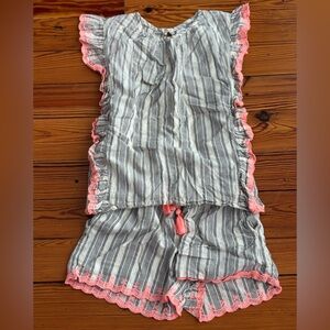 Striped Gray and Pink Ruffled Romper